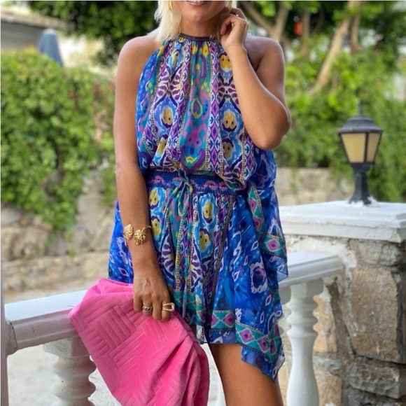 💙 ZARA BOHO BLUE MULTI ABSTRACT COLD SHOULDER LOOSE FIT CROPPED TOP! - Picture 11 of 16